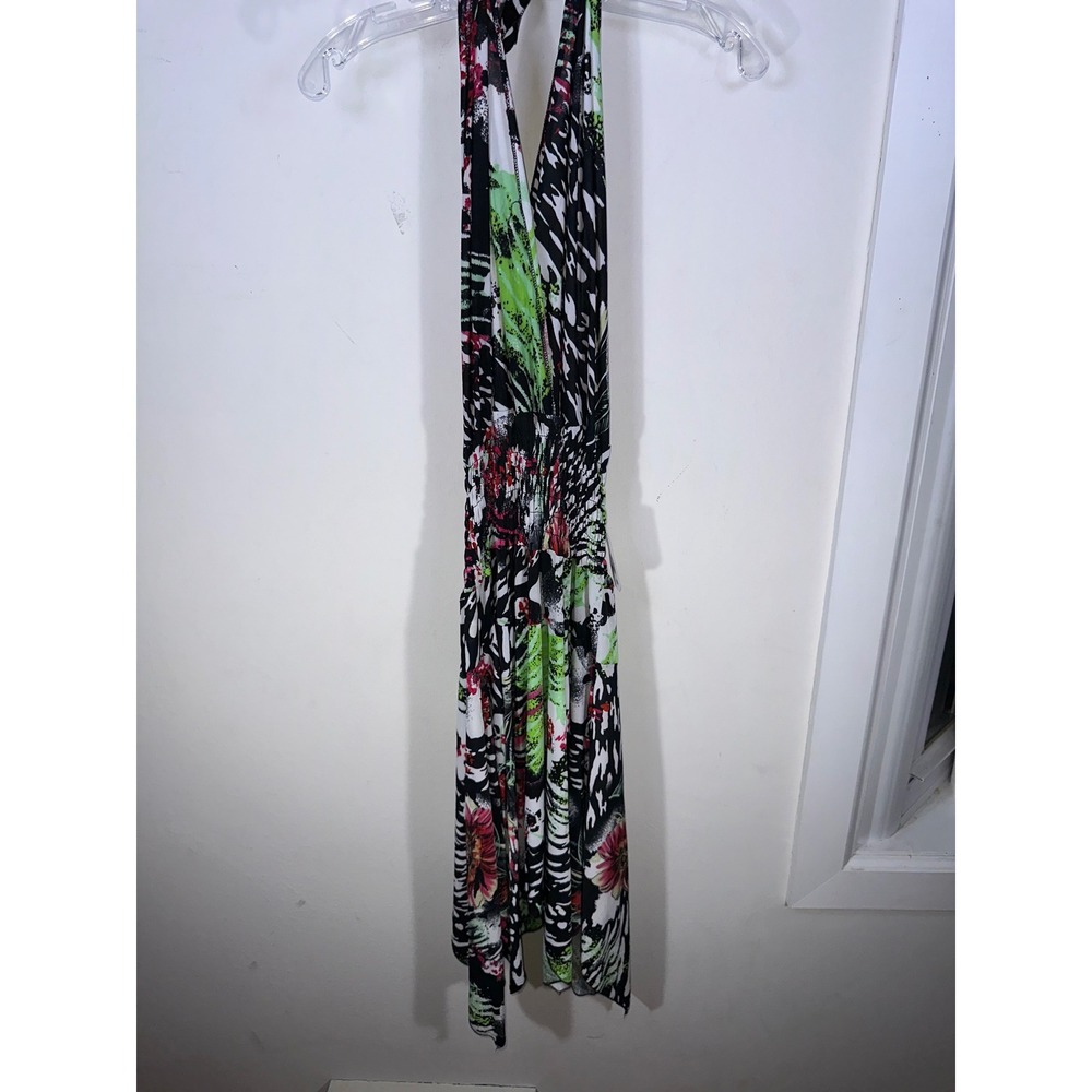 Basix of America Women Halter Dress Medium Tropical Print Handkerchief Hem NWT
